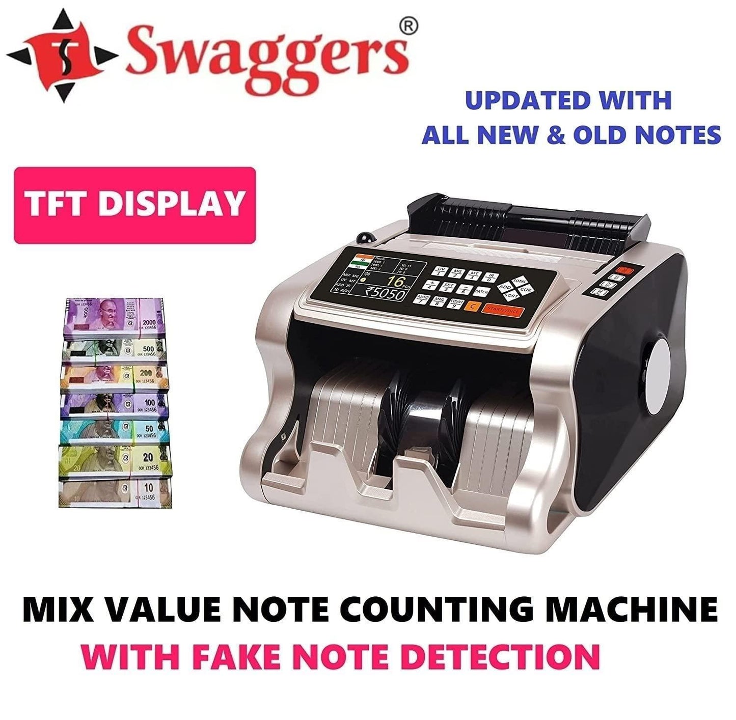 swaggers Loose Mix Note Value Counting Machine for Indian Currency(10,20,50,100,200,500,2000) with Fake Note Detector Heavy Duty Value Money Counting Machine 1 Year Warranty