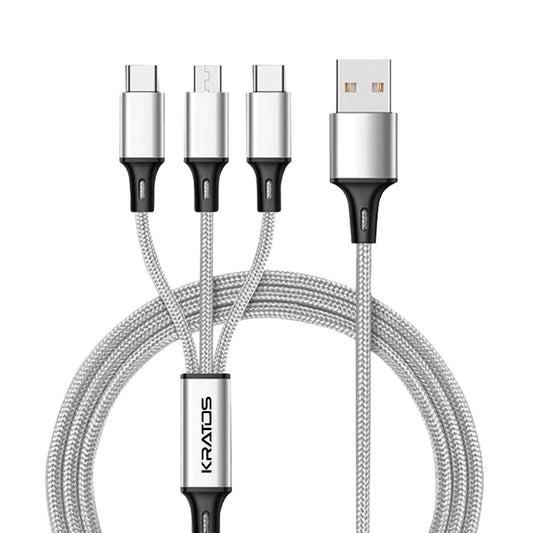 Kratos Unbreakable 1.2 Mtr 3 in 1 Charging Cable with Nylon Braided Long Life Multi charger cable fast charging for lighting, Type C and Micro USB ports, Fast charging cable for Smartphones & Tablets