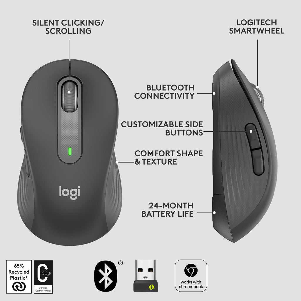 Logitech Signature M650 L Full Size Wireless Mouse - for Large Sized Hands, 2-Year Battery, Silent Clicks, Customisable Side Buttons, Bluetooth, for PC/Mac/Multi-Device/Chromebook - Graphite