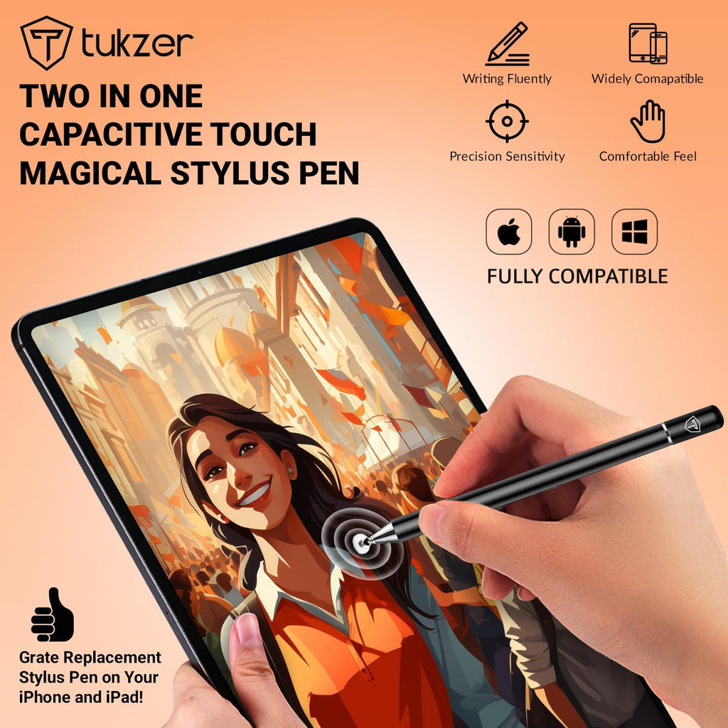 Tukzer Universal Stylus Pen for Smartphone/Tablet/iPad/Pro/Air/iPhone/iOS/Android/All Touch Screens Devices| Fine Point Disc Tip, Lightweight Aluminum Body Magnetic Cap Drawing Writing (Black)