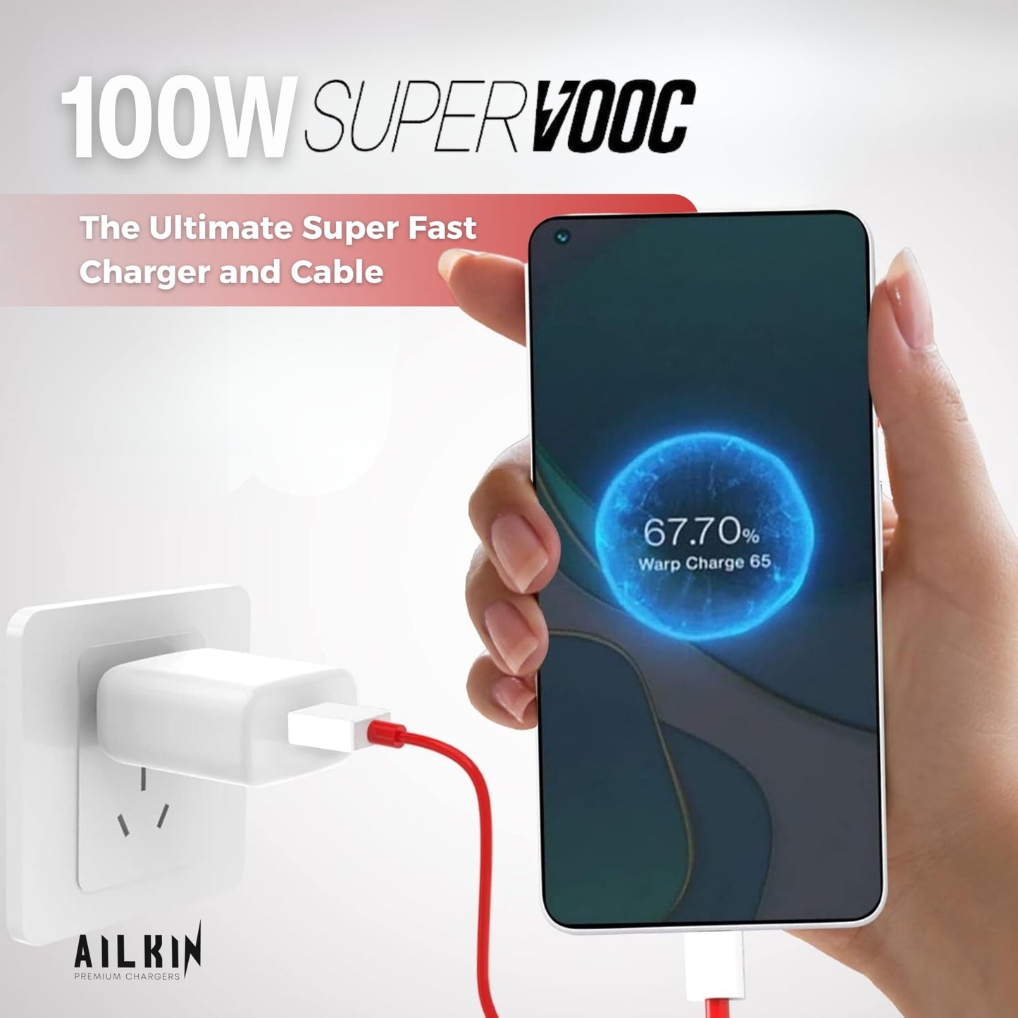 AILKIN Supervooc 100W Power Adapter-Ultra Fast Charger for Oneplus with True 100W Pd Charging|Compatible with Oneplus 12/12R/11/11R/10/10R,Nord Ce 3 Lite 5G,Nord 2T 5G,Nord Ce 2 Lite 5G,Nord 5G,White