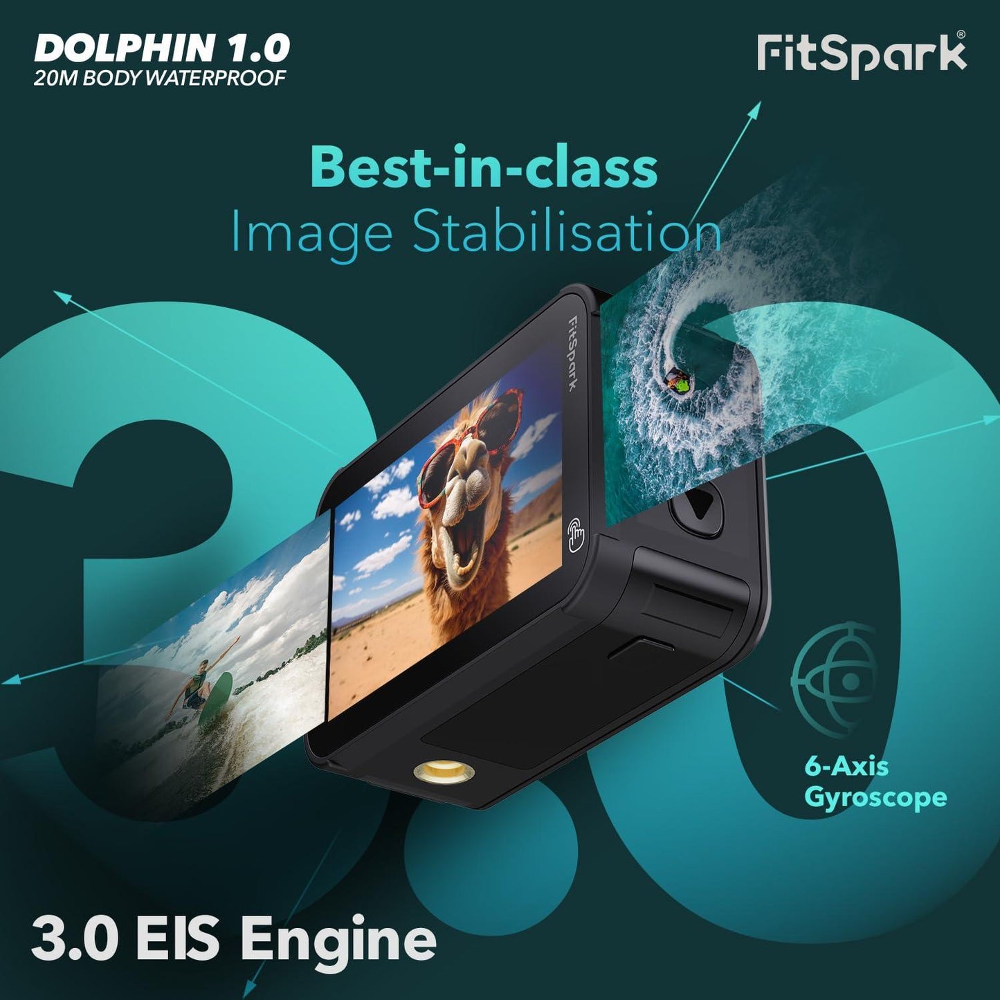 FitSpark Dolphin 1.0 20M Body Waterproof Real 4K30FPS Dual Big 2.2" Touchscreen EIS Action Camera Sony Sensor No.1 Chipset Wireless MIC Support *Free Dock+Battery Offer* WiFi Smart Remote +Full KIT