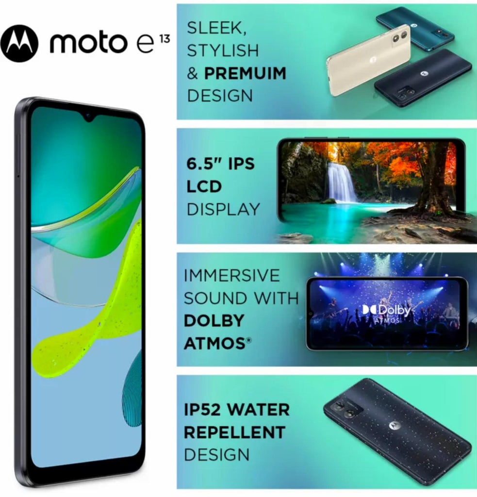 Motorola E13 4G (Cosmic Black, 8GB RAM, 128GB Storage) | Upto 1TB MicroSD Expandable | 6.5-inch IPS LCD Display with 60Hz Refresh Rate | UNISOC T606 Processor | Face Unlock | IP52 Water Repellent - Triveni World