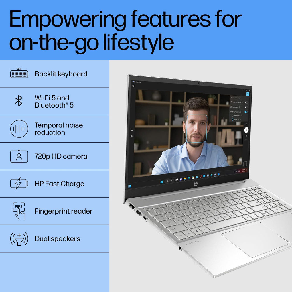 HP Pavilion 15, AMD Ryzen 7 5700U, 15.6-inch (39.6 cm), FHD, 16GB DDR4, 1TB SSD, AMD Radeon graphics, FPR, 720p HD camera, Backlit KB, Audio by B&O (Win 11, MSO 2021, Silver, 1.75 kg), eh1147AU
