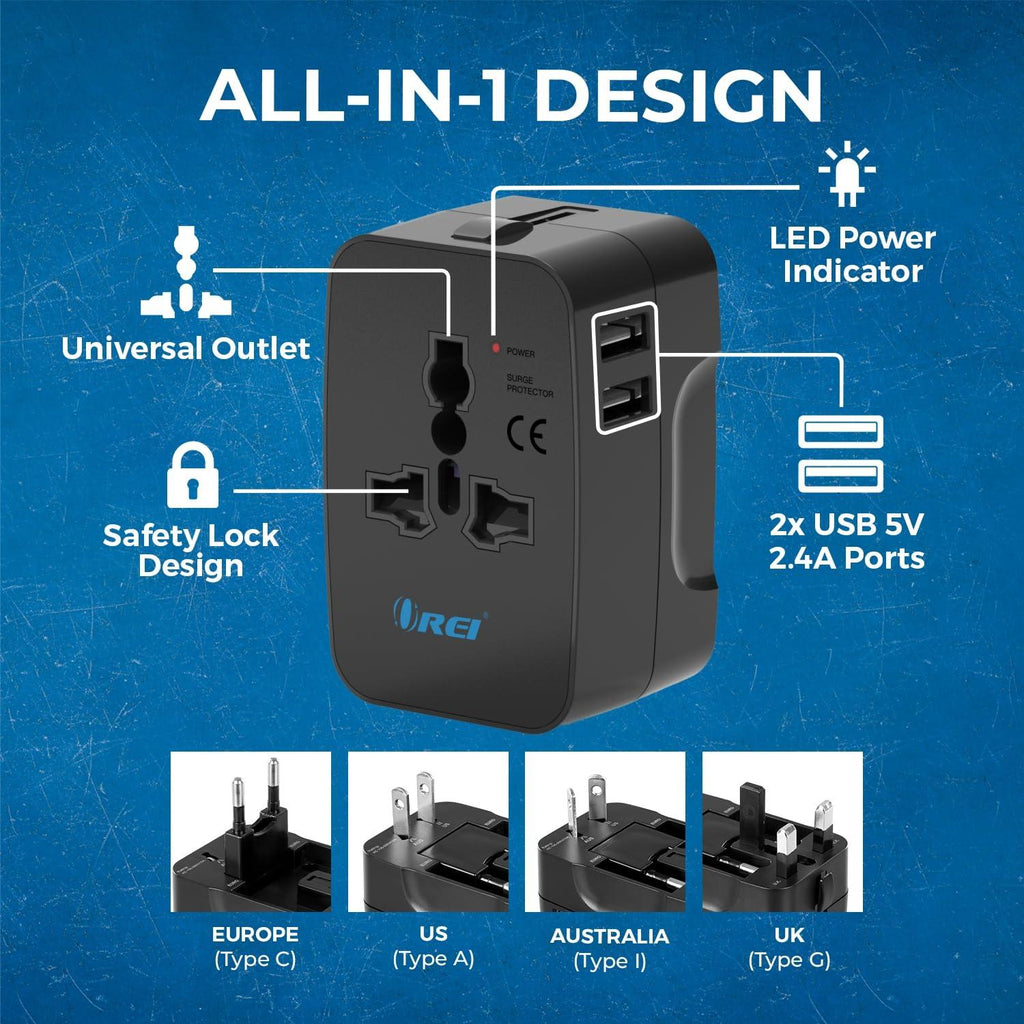 Orei Universal Travel Adapter - 3 in 1 Worldwide Travel Adapter with Dual USB - Universal Socket with 2X USB-A 2.4A - Travel Adapter for US, Europe & More - 3 Year Warranty