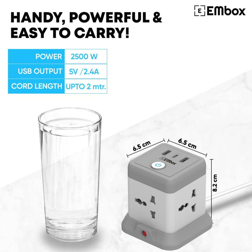 EMBOX Cube Extension Board with USB Port with Universal Sockets and USB (2.4 A) (QC 3.0) with Overload Protector, Indicator, 1.8 mtr Extension Cord, Safety Shutter-Multi Plug Socket