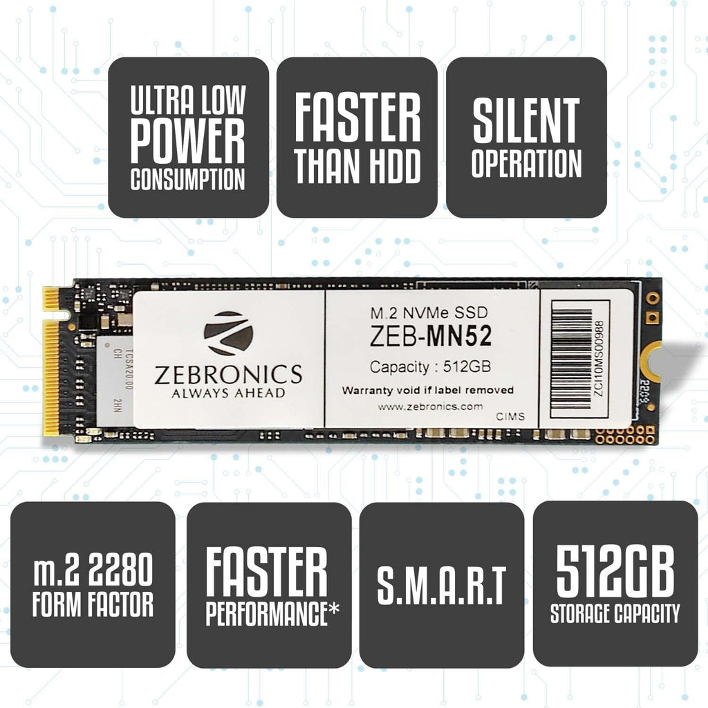 ZEBRONICS MN52 m.2 NVMe (2280) SSD with 512GB Capacity, 1900MB/s Read, 1100MB/s Write, Ultra Low Power, Faster Performance, Silent Operation and S.M.A.R.T. Feature