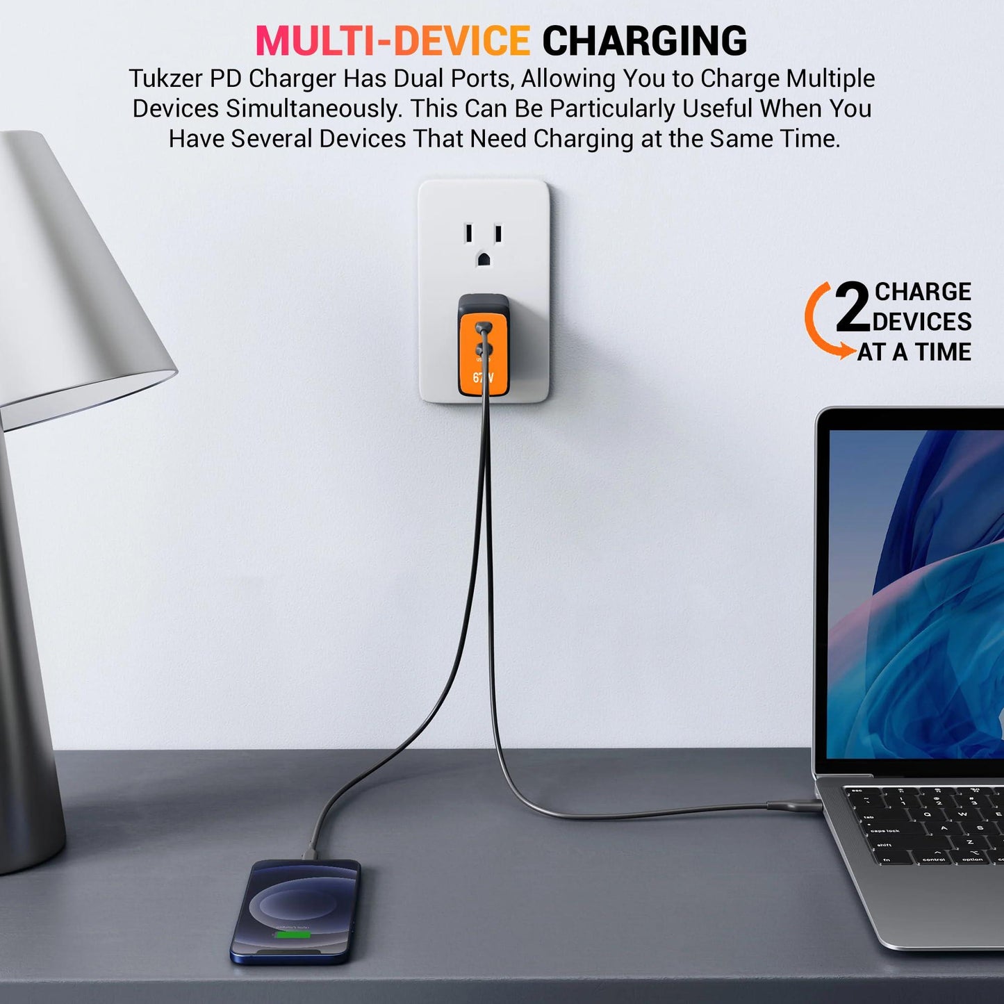 Tukzer 67W Dual Port GaN3 Ultra Fast Charger (Type C PD3.0 & USB QC3.0/ 5V~3A) + USB Type C to C Cable| Compatible with MacBook/Laptops/All iPhone/iPad/Android Phones (Black)