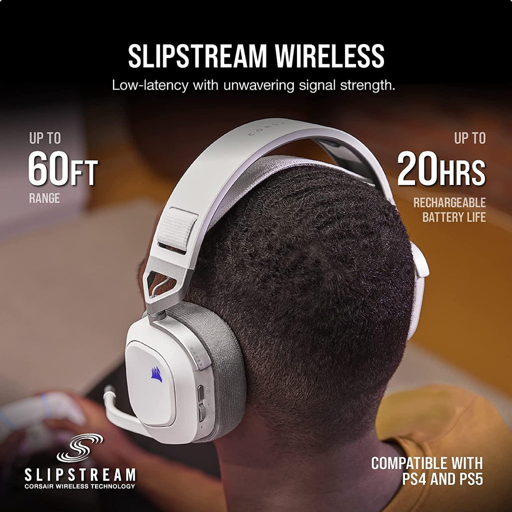 Corsair HS80 RGB Wireless Premium Gaming On Ear Headset with Dolby Atmos Audio (Low-Latency, Omni-Directional Microphone, 60ft Range, Up to 20 Hours Battery Life, PS5/PS4 Wireless Compatibility) White