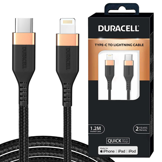 DURACELL USB C To Lightning Apple Certified (Mfi) Braided Sync & Charge Cable For Iphone, Ipad And Ipod. Fast Charging Lightning Cable, 3.9 Feet (1.2M) - Black