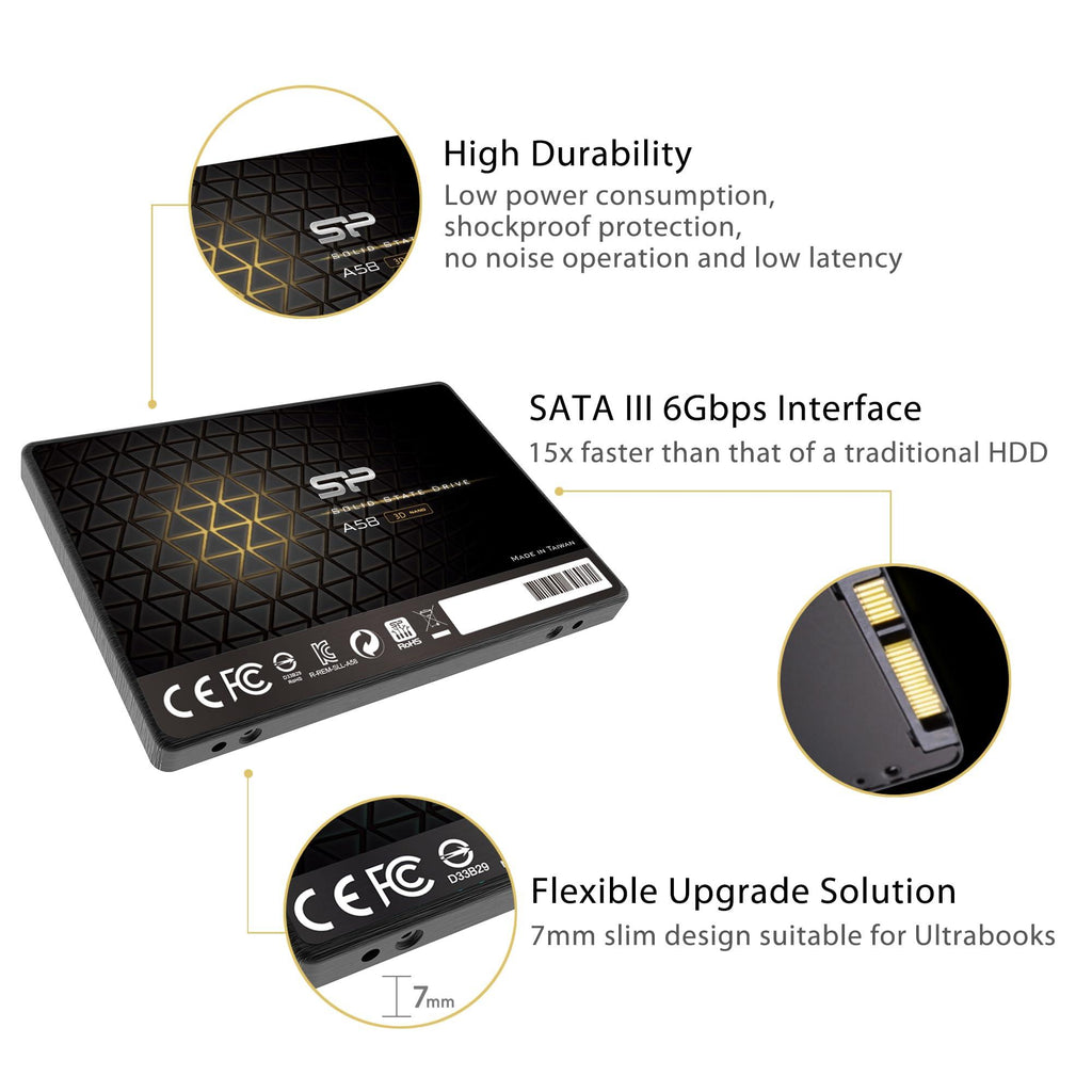 Silicon Power Ace A58 256GB 2.5 Inch SATA III SSD, 3D NAND with SLC Cache, Up to 500MB/s, Internal Solid State Drive for Desktop Laptop Computer