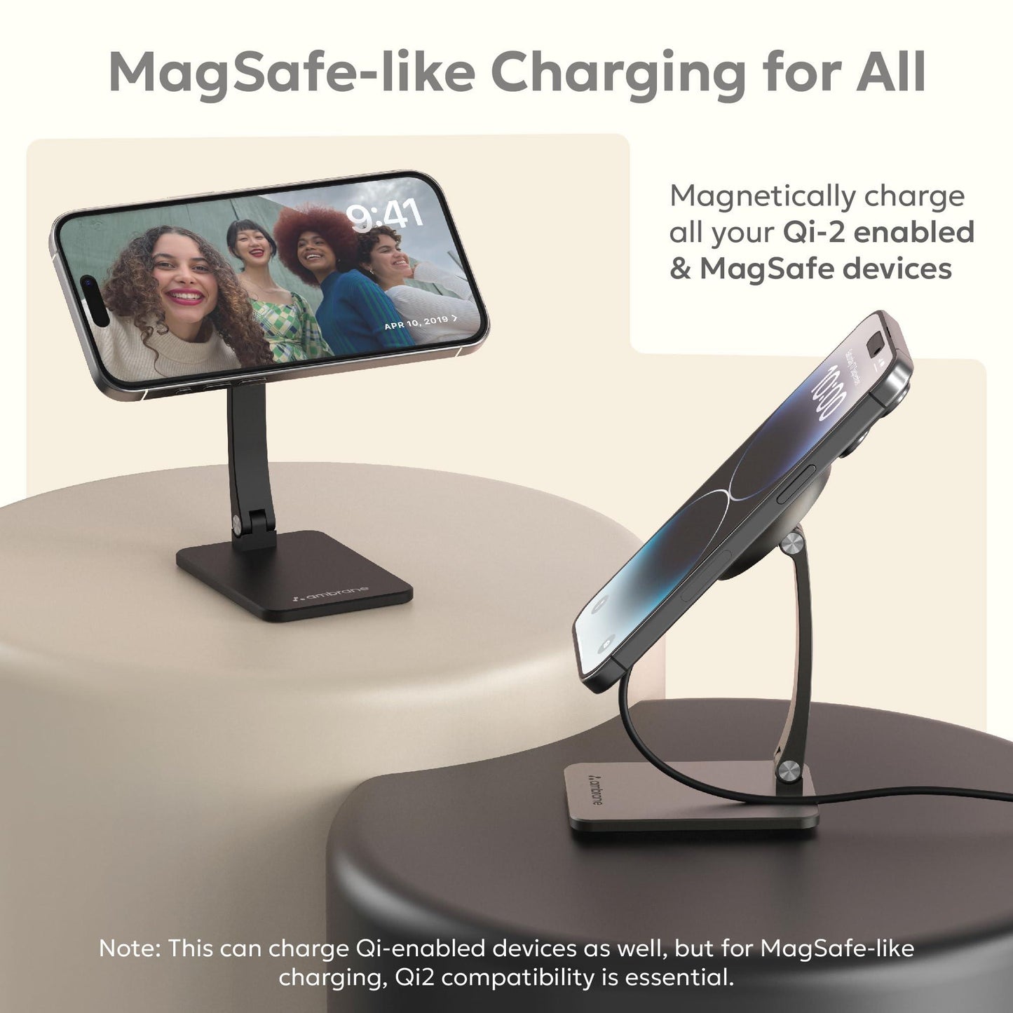 Ambrane Qi2 & Magsafe 15W Wireless Charger with Premium Metal Mobile Stand, Latest Qi2 for iPhone 12/13/14 15/16 All Series & Other Wireless Devices, Foldable + Free Magnetic Ring (AerosynQ S1, Black)