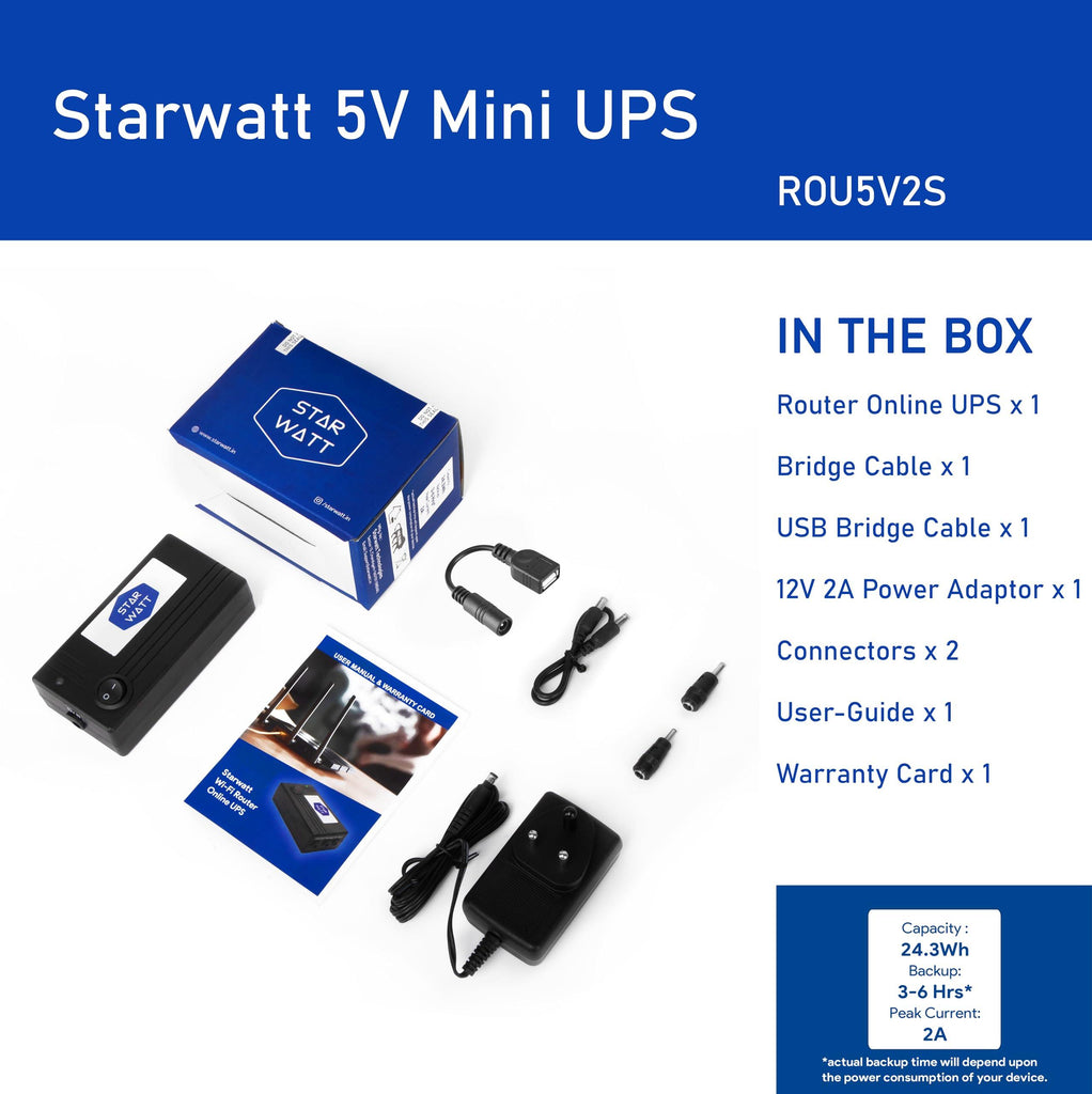 Starwatt 5V Mini UPS with Power Adaptor for 5V WiFi Routers, WiFi Cameras, Biometric & USB Powered Devices| Uninterrupted Power Backup for 3-10 Hours | Supports All 5V Upto 2A | Replaceable Battery