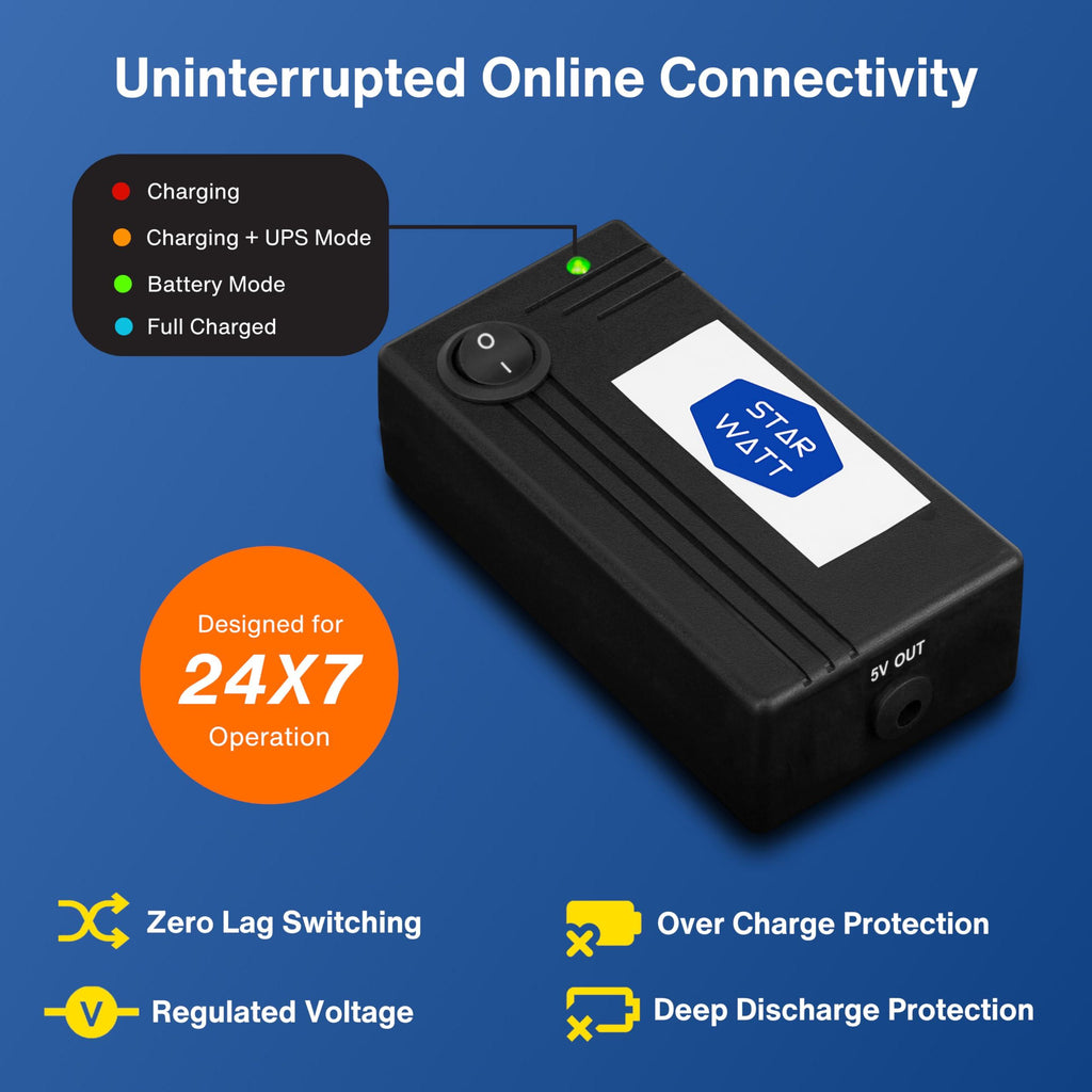 Starwatt 5V Mini UPS with Power Adaptor for 5V WiFi Routers, WiFi Cameras, Biometric & USB Powered Devices| Uninterrupted Power Backup for 3-10 Hours | Supports All 5V Upto 2A | Replaceable Battery