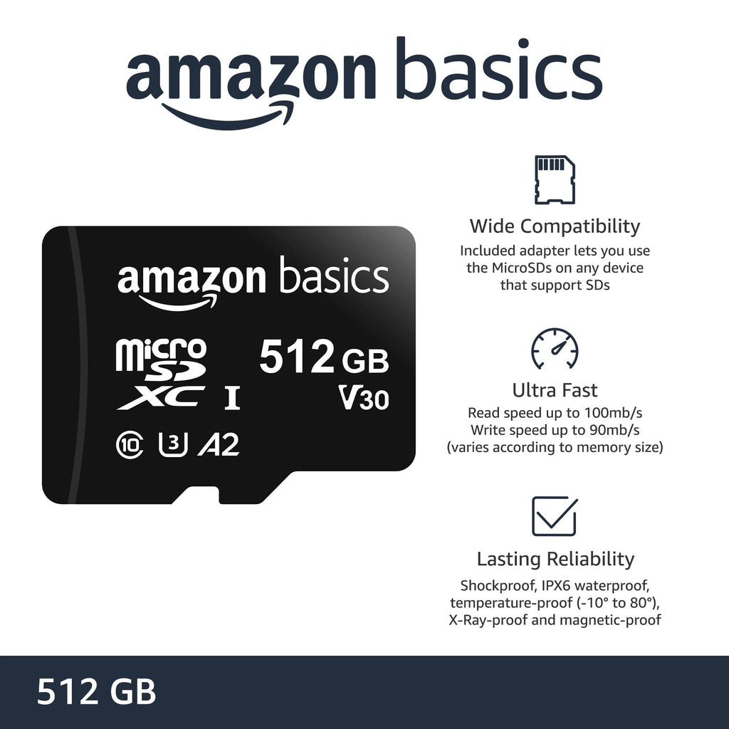 amazon basics 512Gb Microsdxc Memory Card with Full Size Adapter, 100Mb/S, U3