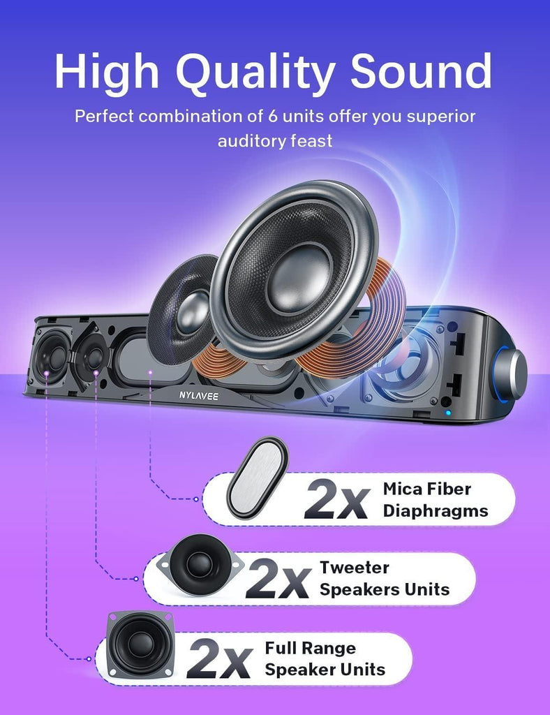 Nylavee Bluetooth Soundbar Speakers,Hifi Sound Quality Sound Bar,Usb Powered Pc Speakers,Bluetooth 5.0 And 3.5Mm Aux-In Computer Speakers For Desktop,Laptop,Pcs,Monitor,Tablets,Xbox,Gaming Speakers