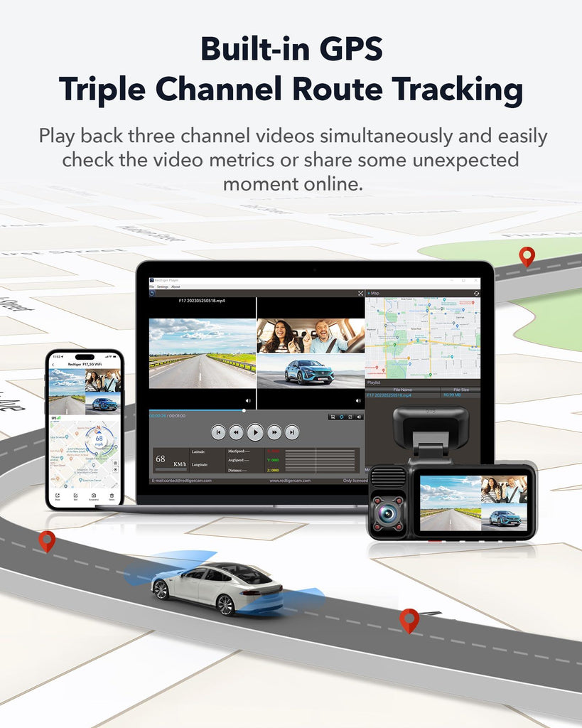 REDTIGER F17 4K 3 Channel Dash Camera for Cars Built-in 5.8GHz WiFi GPS, 2.5K+1080P+1080P Front and Rear Inside Loop Recording with 64GB Card, Dash Cam with 3 Inch Screen, WDR Night View