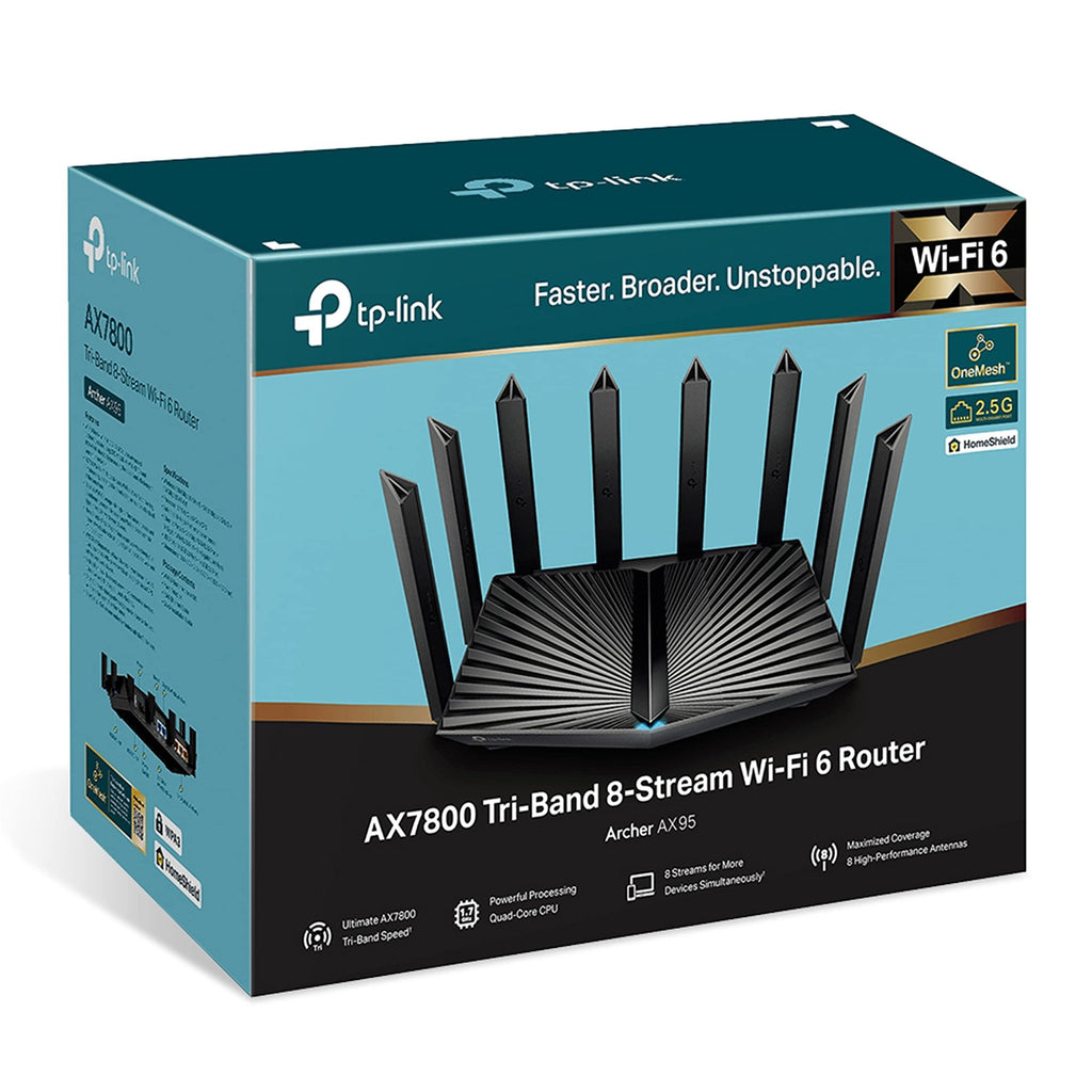 TP-Link AX7800 Tri-Band Gigabit 8-Stream Wi-Fi 6 Router, 7800 Mbps, 1×2.5 Gbps+4×1 Gbps Ports, 1.7 GHz Quad-Core CPU, USB 3.0+2.0, Ideal for Gaming Xbox/PS4/Steam&4K/8K, OneMesh (Archer AX95), Black