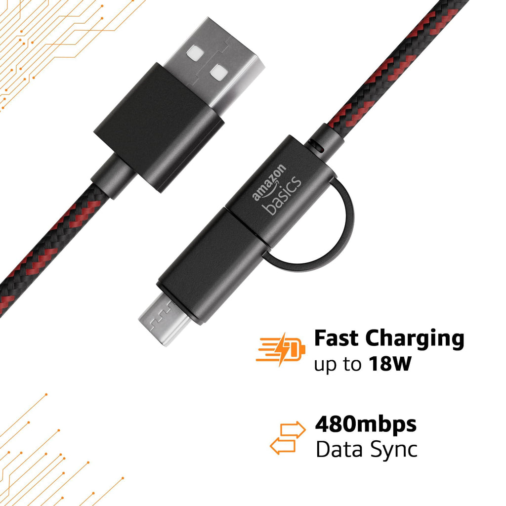 amazon basics 2-in-1 Type-C and Micro USB Braided Cable | 3A/18W Fast Charging & 480 Mbps Data Transfer | 1.2m, Tangle Free Cable