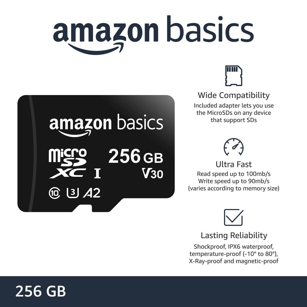 amazon basics 256Gb Microsdxc Memory Card with Full Size Adapter, 100Mb/S, U3