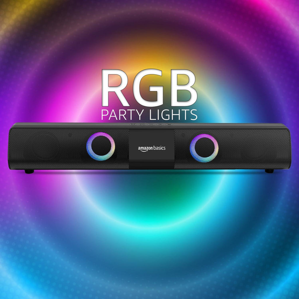 amazon basics 16W Bluetooth Soundbar Speaker with 2000mAh Battery | BT v5.3 | Aux/USB Port | RGB Party Lights