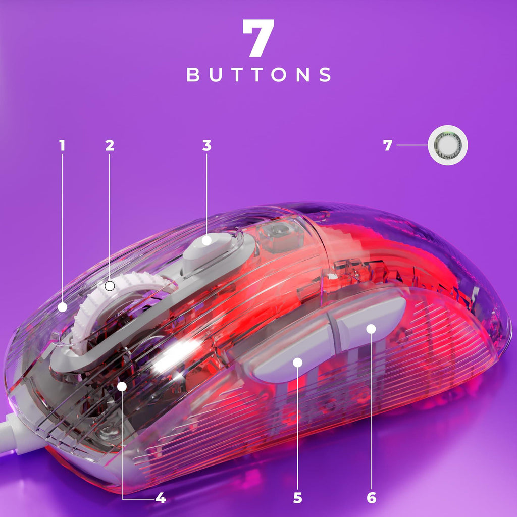 Zebronics Krystal Transparent Premimum Gaming Mouse with Upto 7200 DPI, 7 Buttons, Braided Cable, High Resolution Sensor, Windows Software with RGB LED Light Modes