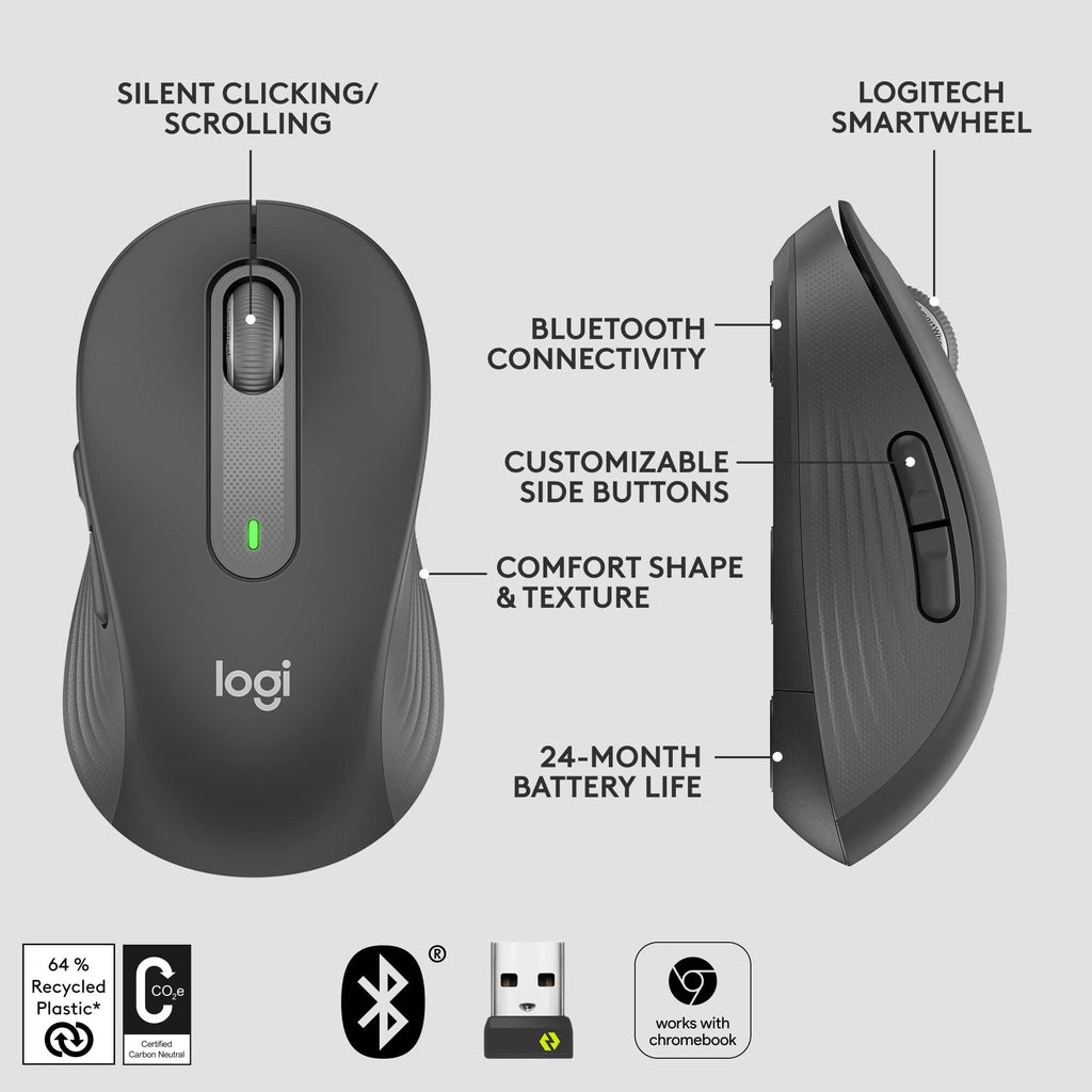 Logitech Signature M650 Wireless Mouse - for Small to Medium Sized Hands, 2-Year Battery, Silent Clicks, Customisable Side Buttons, Bluetooth, for PC/Mac/Multi-Device/Chromebook -Graphite