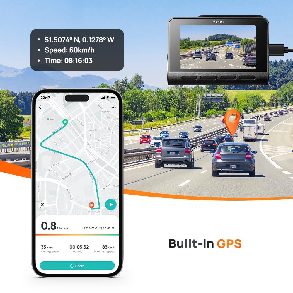 70mai A810 True 4K HDR Dual Vision Dash Cam, Built-in GPS Logger, ADAS, Starvis 2 IMX 678 150° Wide Sensor, Optional Parking Mode with Motion Detection & Time Lapse, Upto 256GB SD