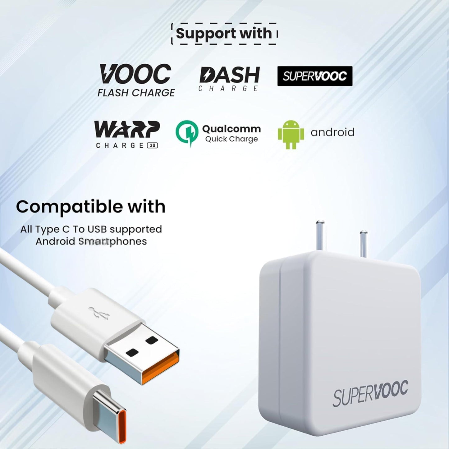 Novobit 65W Fast Charger with USB to Type C Cable Compatible with Oppo, Realme, Redmi, Nothing, oneplus, Pixel, Samsung & Other Smartphones | Type-C Charger Supports Dash,Warp, Vooc, SuperVooc (White)