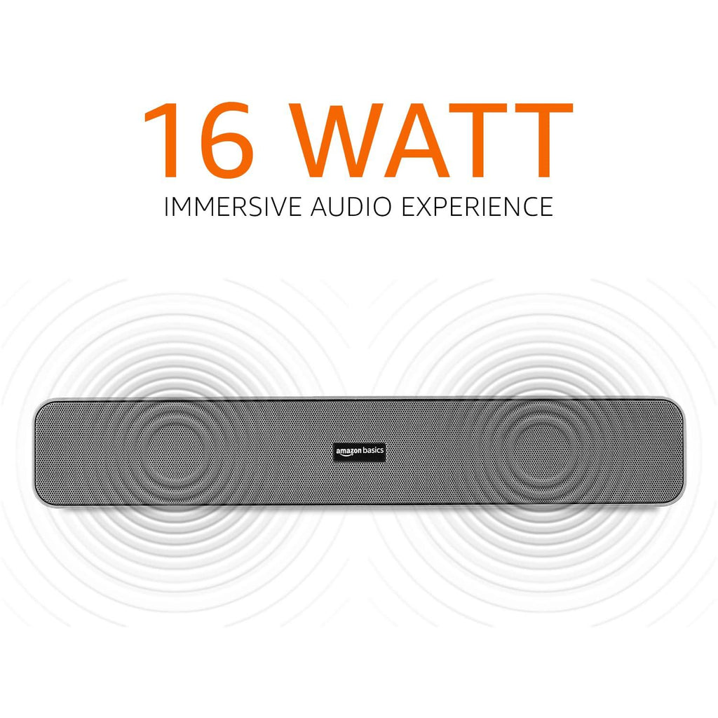 amazon basics Bluetooth Speaker 5.0 Soundbar with 16W RMS, 2000mAh Battery, Upto 19 Hrs Playtime Aux/USB Port (Grey)