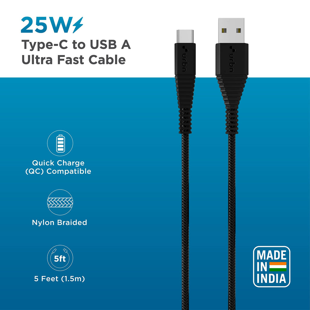 URBN Type-C USB 3.4 Amp | 25W Fast Charging Cable for Smartphone | Unbreakable Rugged & Nylon Braided | Quick Charge (QC) Compatible | Made in India | Length (5 Feet) - Black