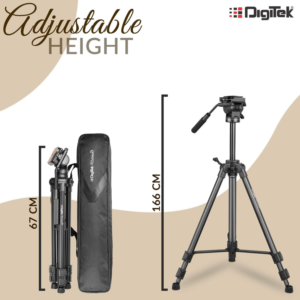 DIGITEK® (DPTR 880 PRO) (165 CM) Platinum Aluminum Light Weight Tripod, with Fluid Video Head, for DSLR & Video Cameras, Maximum Operating Height: 5.90 Feet, Maximum Load : 6 kgs (Black)