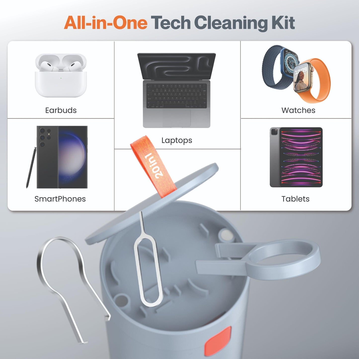 Ambrane 20-in-1 Cleaning Kit for Smartphones, Tablet, PC Computer, Laptops, Keyboards, DSLR Camera Lens, Earphones, Airpods with Screen Dust Brush, Key Puller & Spray Bottle (ACK-01, Grey)