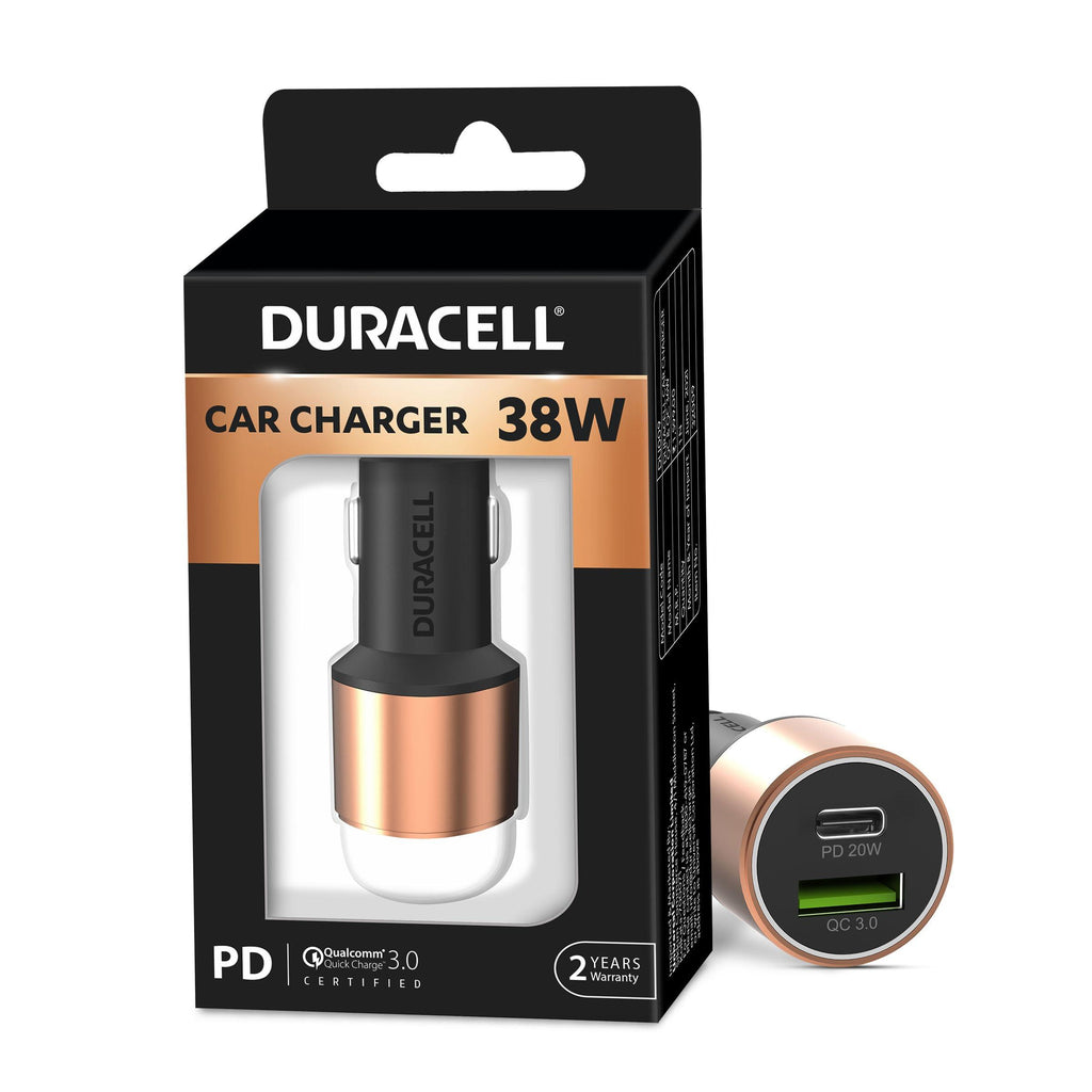 Duracell 38W Fast Car Charger Adapter with Dual Output. Quick Charge, Type C PD 20W & Qualcomm Certified 3.0 Compatible for iPhone, All Smartphones, Tablets & More (Copper & Black)