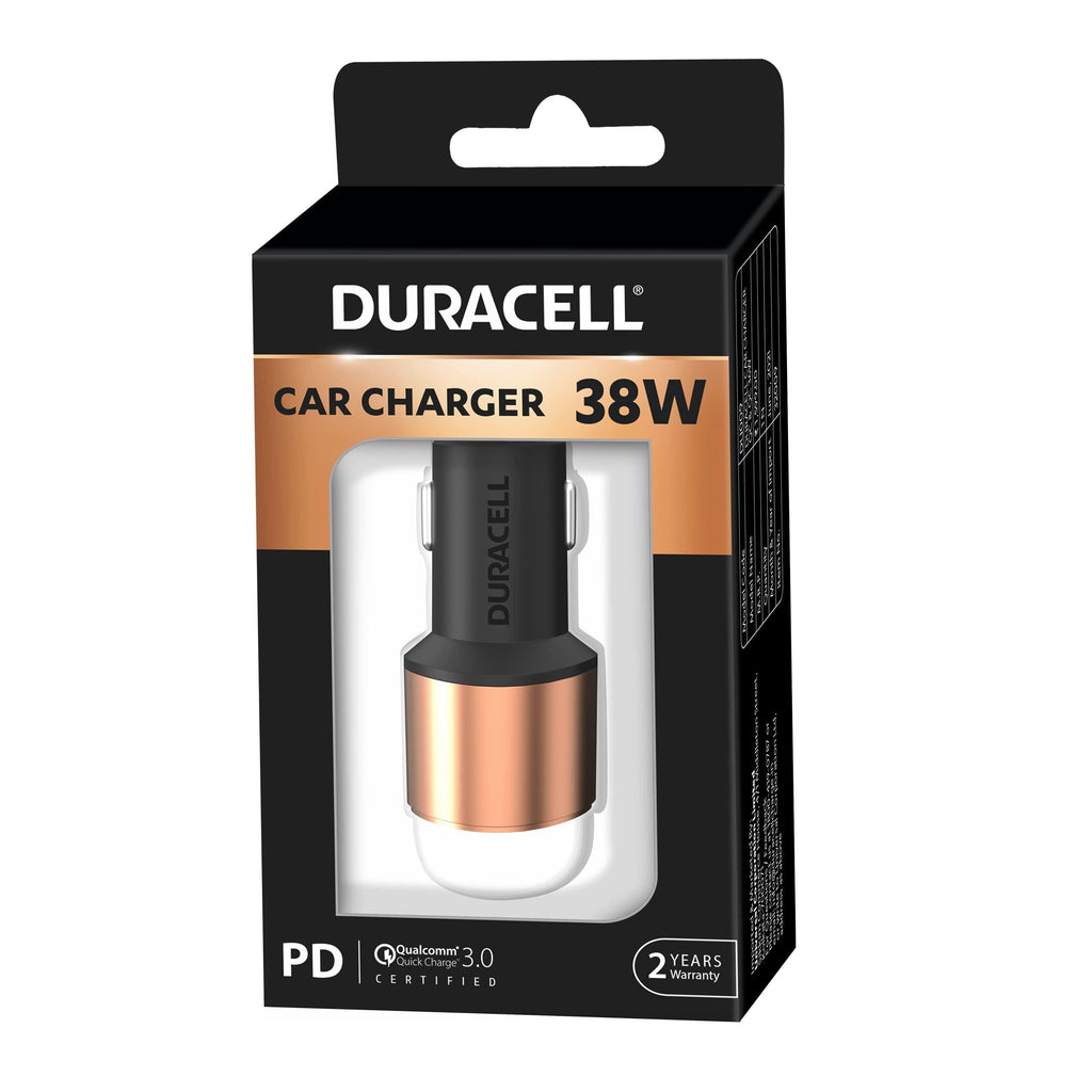 Duracell 38W Fast Car Charger Adapter with Dual Output. Quick Charge, Type C PD 20W & Qualcomm Certified 3.0 Compatible for iPhone, All Smartphones, Tablets & More (Copper & Black)