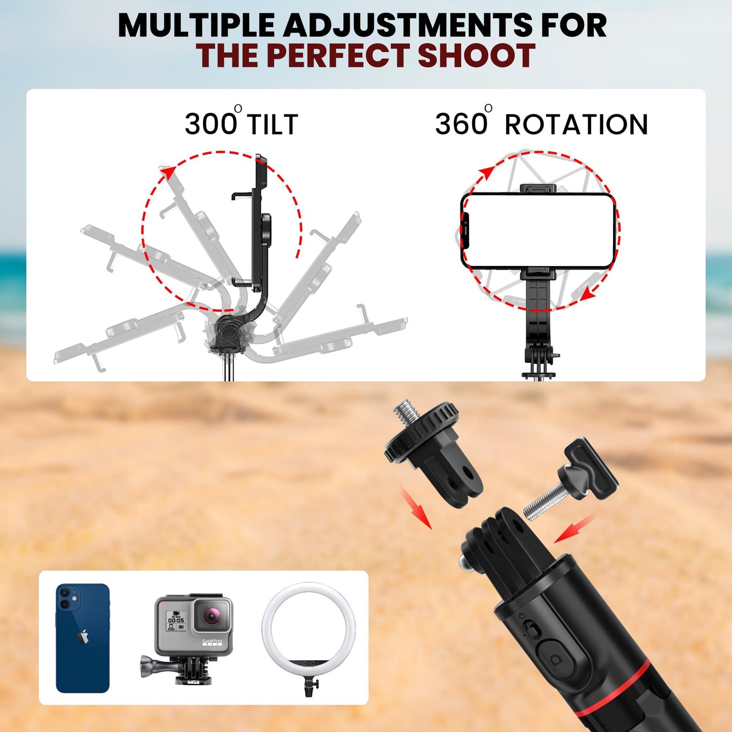 WeCool S6 Reinforced Bluetooth Selfie Stick with Tripod Stand, 45inc/ 130cm Long Selfie Stick with 6-Section Stable Base, Detachable Mobile Holder, Compatible with Mobile/GoPro for Video & Photoshoot