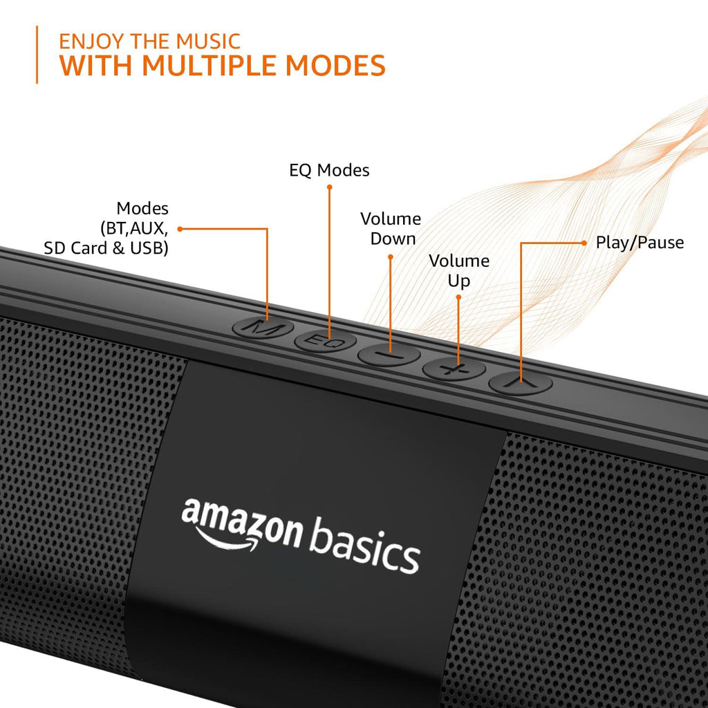 amazon basics 16W Bluetooth Soundbar Speaker with 2000mAh Battery | BT v5.3 | Aux/USB Port | RGB Party Lights