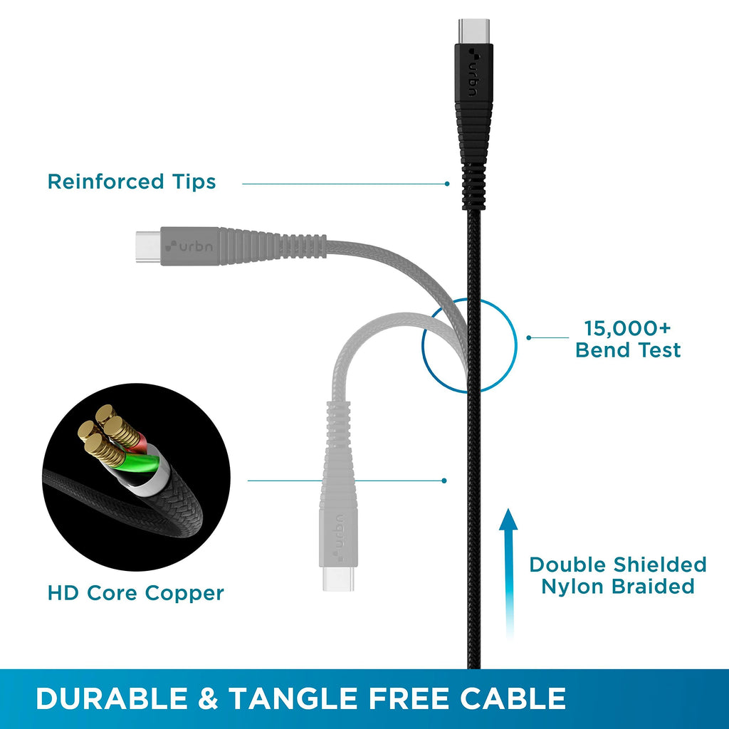 URBN Type-C USB 3.4 Amp | 25W Fast Charging Cable for Smartphone | Unbreakable Rugged & Nylon Braided | Quick Charge (QC) Compatible | Made in India | Length (5 Feet) - Black