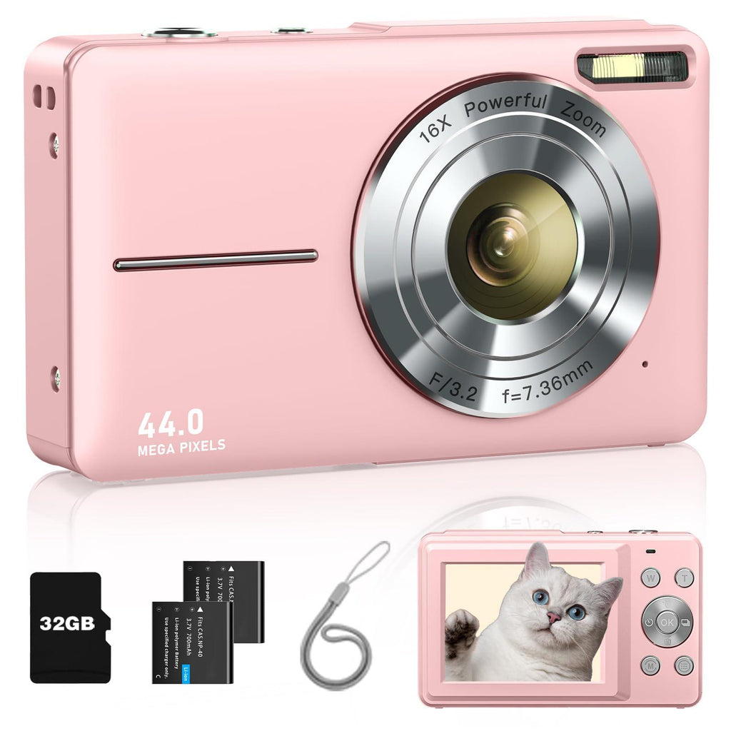 Lecran Fhd 1080P Kids Digital Camera With 32Gb Card, 2 Batteries, Lanyard, 16X Zoom Anti Shake, 44Mp Compact Portable Small Point And Shoot Cameras Gift For Kids Student Children Teens Girl Boy(Pink)