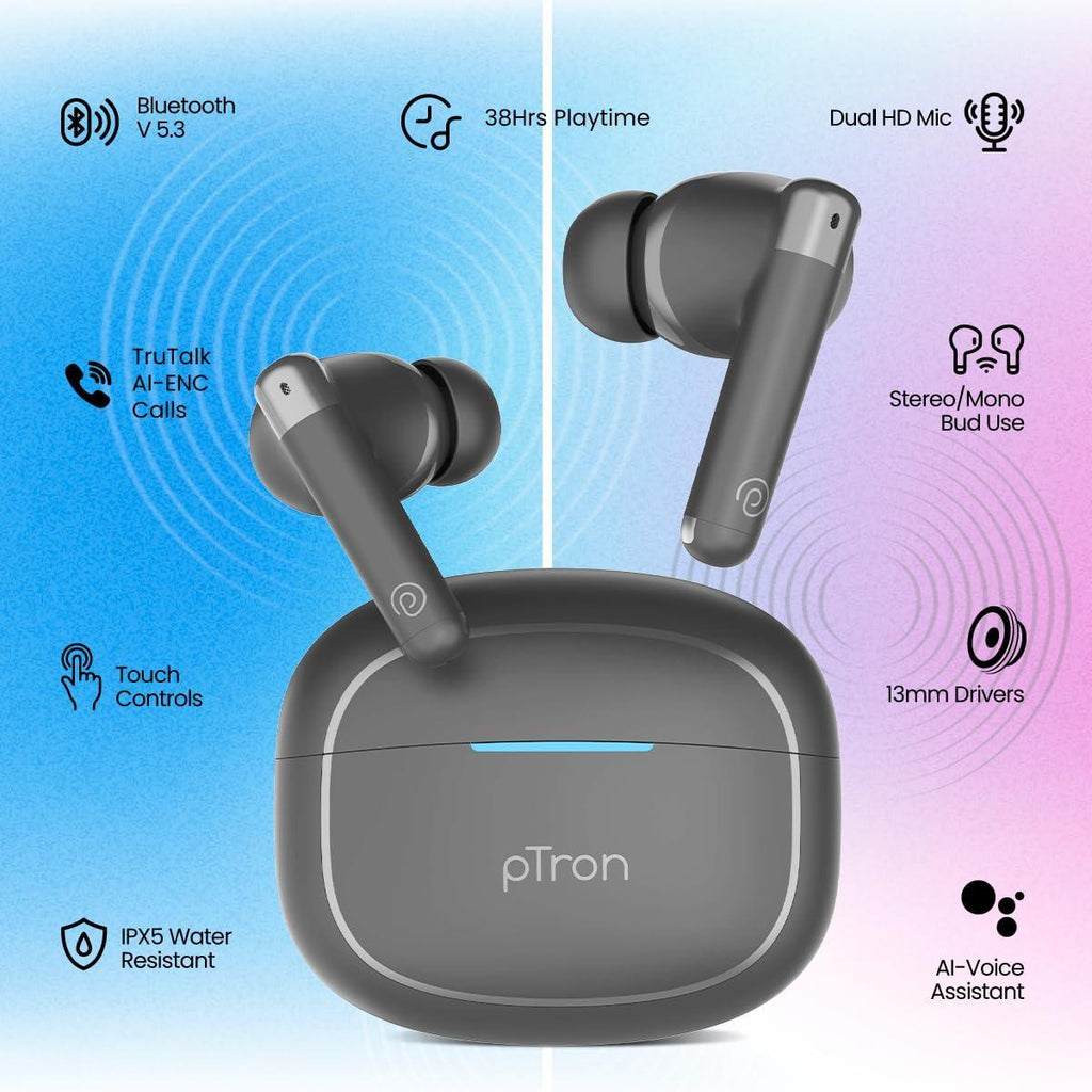 pTron Newly Launched Bassbuds Duo Pro TWS Earbuds, TruTalk AI-ENC Calls, 38H Playback time, Deep Bass, Movie/Music Modes, In-Ear Bluetooth 5.3 Headphones with HD Mic, Fast Type-C Charging & IPX5(Grey) - Triveni World