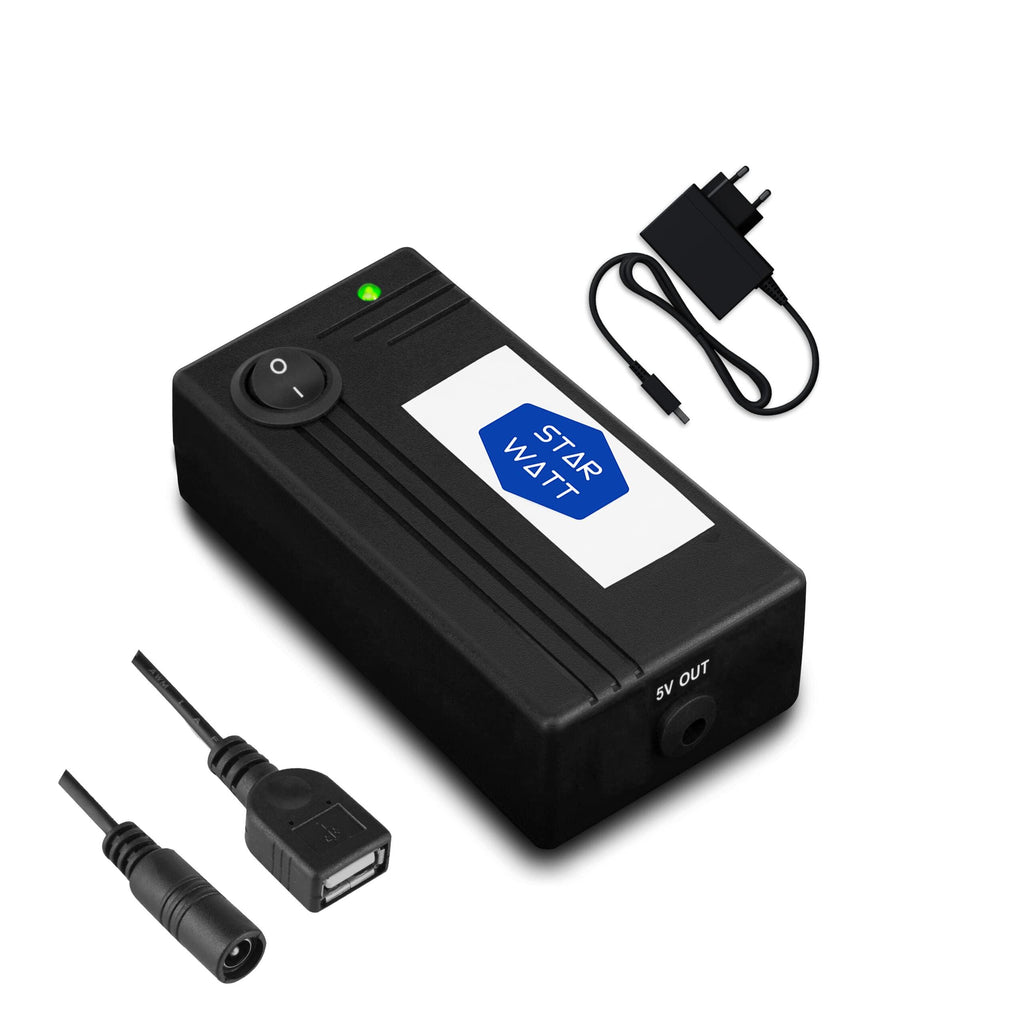 Starwatt 5V Mini UPS with Power Adaptor for 5V WiFi Routers, WiFi Cameras, Biometric & USB Powered Devices| Uninterrupted Power Backup for 3-10 Hours | Supports All 5V Upto 2A | Replaceable Battery