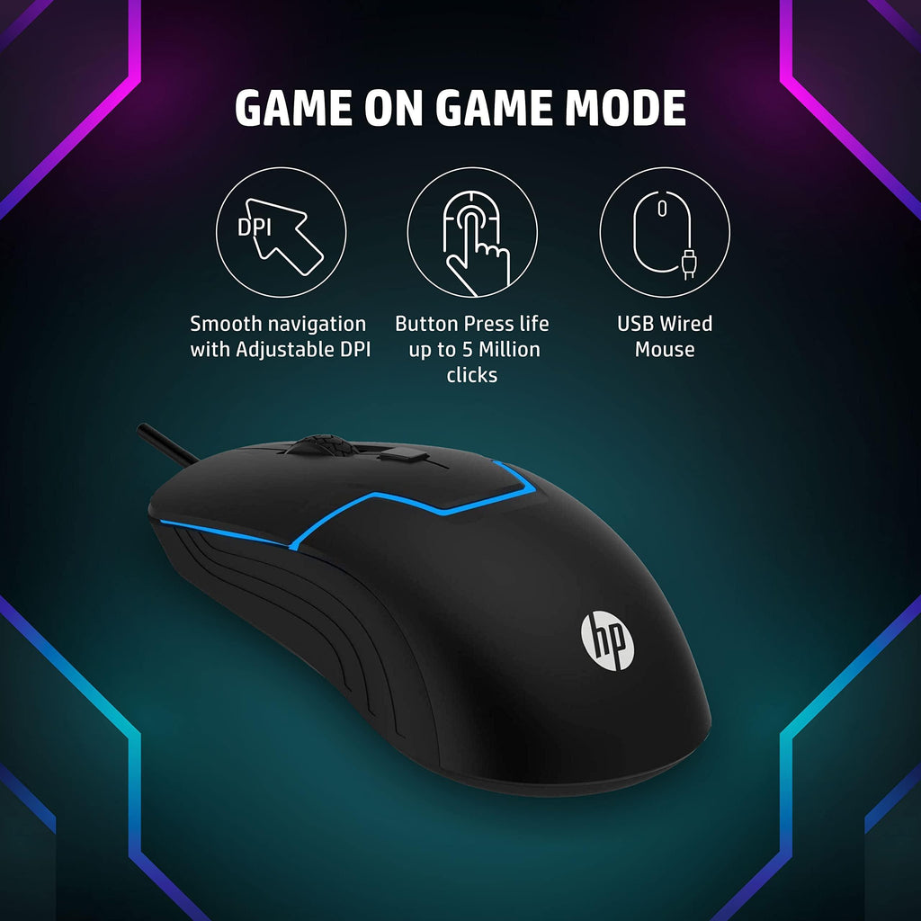 HP M100 USB Wired Gaming Optical Mouse with LED Backlight and Adjustable 1000/1600 DPI Settings, 3 Buttons and Press Life Up to 5 Million Clicks, 1 Year Warranty (3DR60PA, Black)