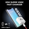 Kratos 65W Fast Charger Adapter & USB-A to Type C Cable Combo, Compatible with Samsung, OnePlus, Realme, Xiaomi, Oppo, Vivo & Other Smartphones, Type C Charger Supports Dash, Warp, Vooc, SuperVooc