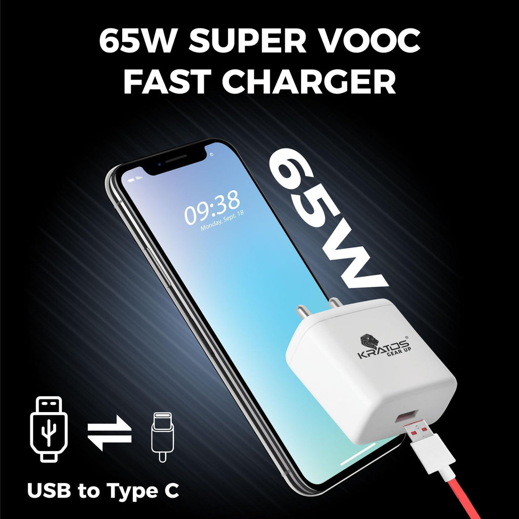 Kratos 65W Fast Charger Adapter & USB-A to Type C Cable Combo, Compatible with Samsung, OnePlus, Realme, Xiaomi, Oppo, Vivo & Other Smartphones, Type C Charger Supports Dash, Warp, Vooc, SuperVooc