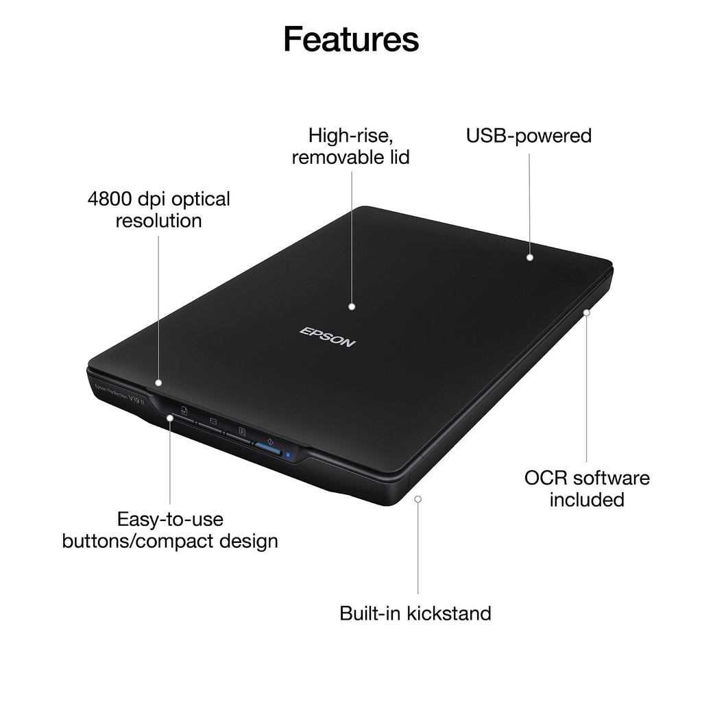 Epson Perfection V19 II Color Photo and Document Flatbed Scanner with 4800 dpi Optical Resolution, USB Power and High-Rise, Removable Lid