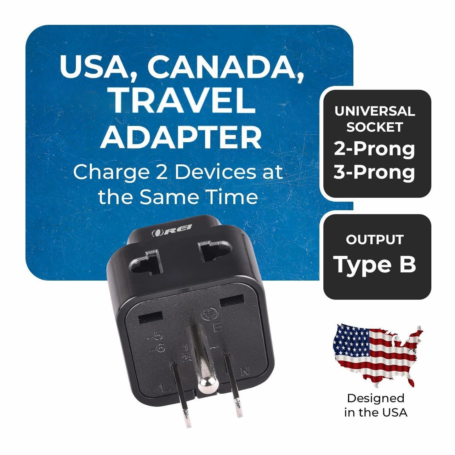 OREI India to Canada, USA Travel Adapter, Philippines, Type B Plug, 2 in 1, Perfect for Laptop, Chargers, CE, RoHS, Black