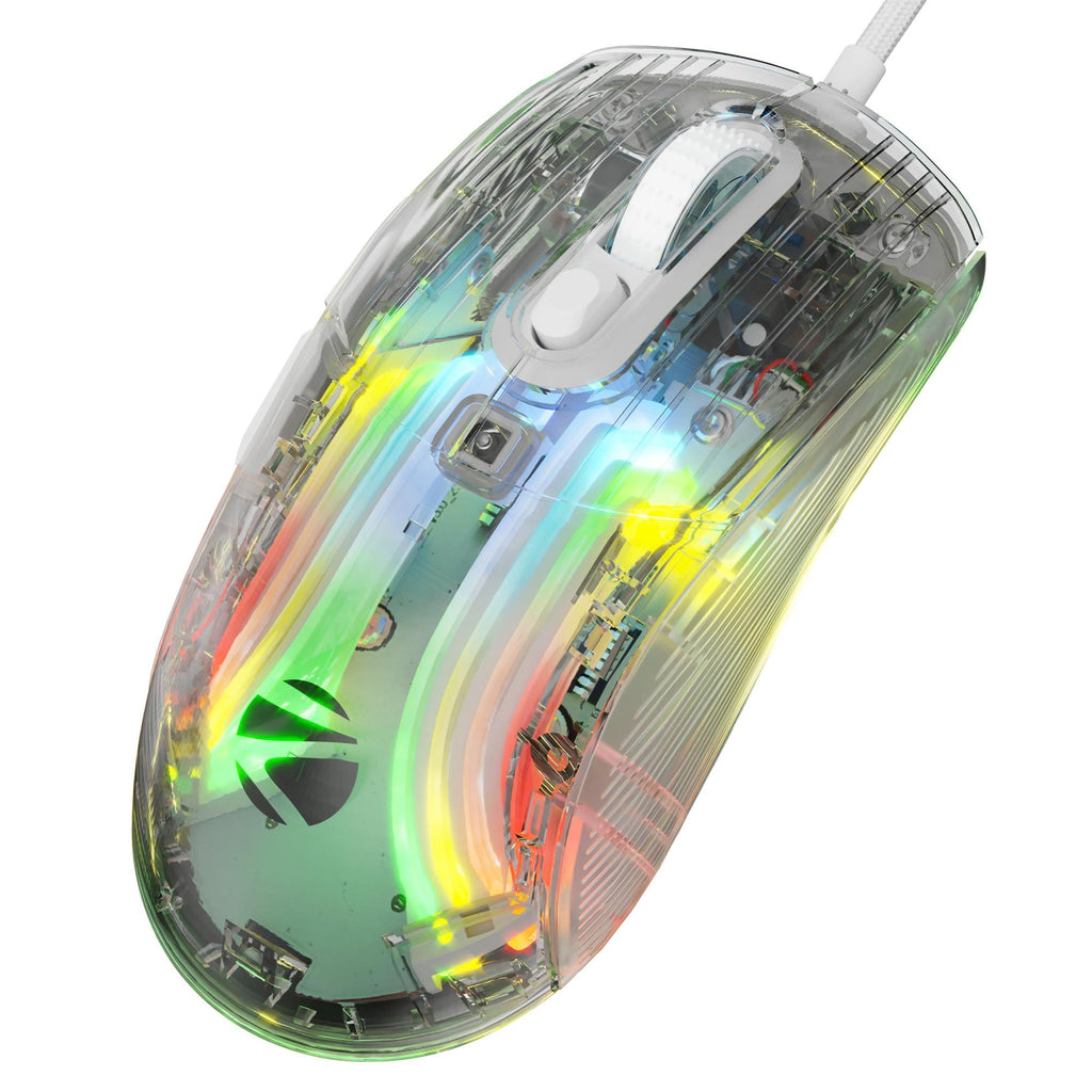 Zebronics Krystal Transparent Premimum Gaming Mouse with Upto 7200 DPI, 7 Buttons, Braided Cable, High Resolution Sensor, Windows Software with RGB LED Light Modes