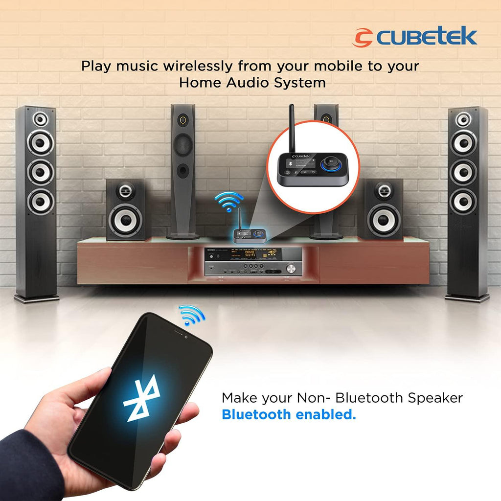 Cubetek 3 in 1 LCD Display V5.0 Bluetooth Transmitter Receiver, Bypass Audio Adapter with Aux, Optical, Dual Link Support for TV, Home Stereo, PC, Headphones, Speakers, Model: CB-BT27