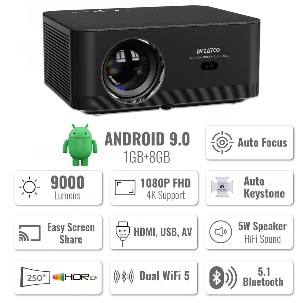 WZATCO Neo Fully Automatic 9000 Lumens, Full HD Native 1080P, 4K HDR Android Projector for Home, (Auto Focus + Auto Keystone), HDMI ARC, Dual WiFi & BT, YouTube, Netflix, Prime & More