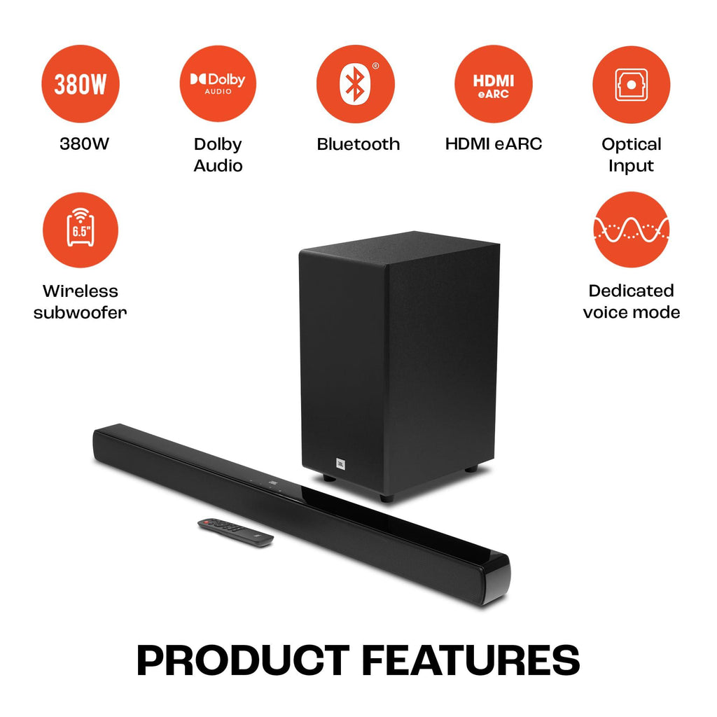 JBL CINEMA SB190 Deep Bass, Dolby Atmos Soundbar with Wireless Subwoofer for Extra Deep Bass, 2.1 Channel with Remote, Sound Mode for Voice Clarity, HDMI eARC, Bluetooth & Optical Connectivity (380W)